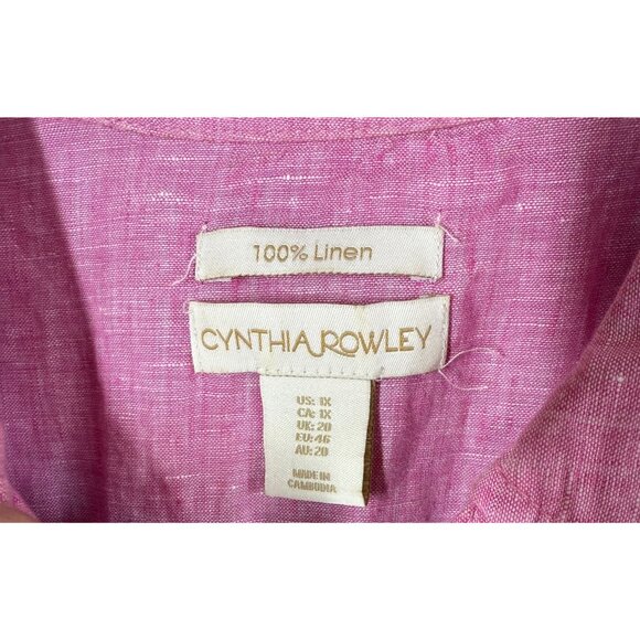 Cynthia Rowley 100% Linen Top Pink 1X Pullover Roll Tab Sleeve Coastal Lagenlook - Picture 10 of 11